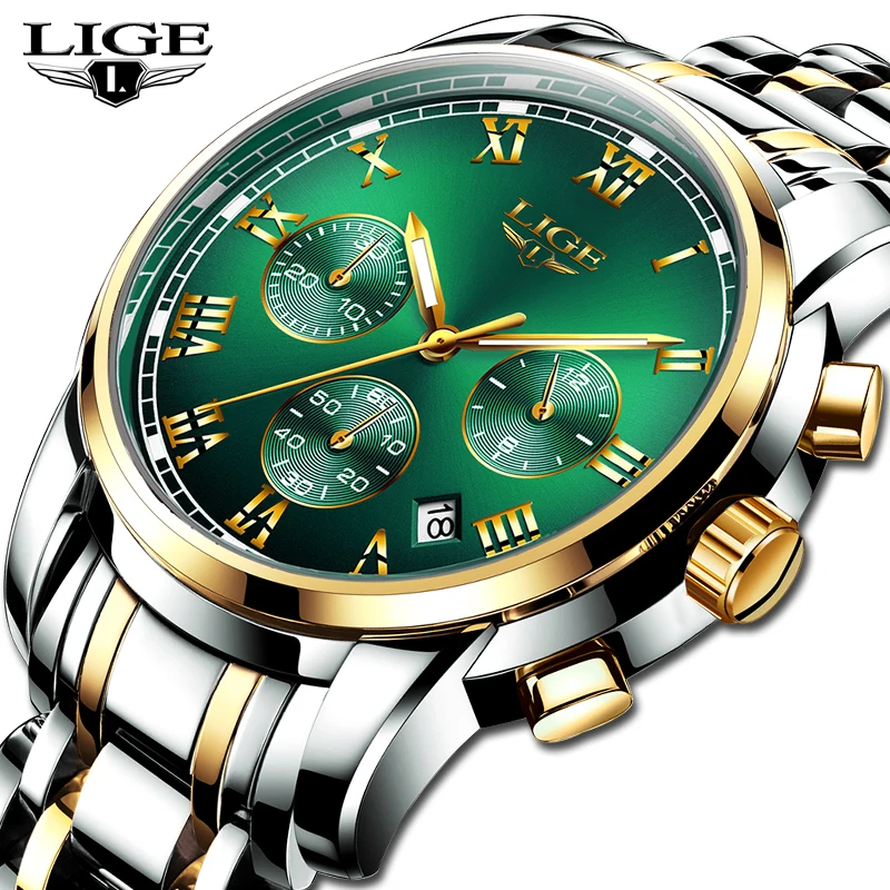 LIGE Лидирующий бренд Роскошные мужские часы модные из нержавеющей стали с