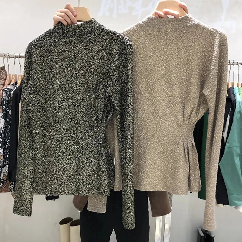 

Asymmetry Shiny Women Blouse Long Sleeve Tops Fashion 2022 Elegant Shirt Elasticity Sexy Large Size Clothing For Women Clothing