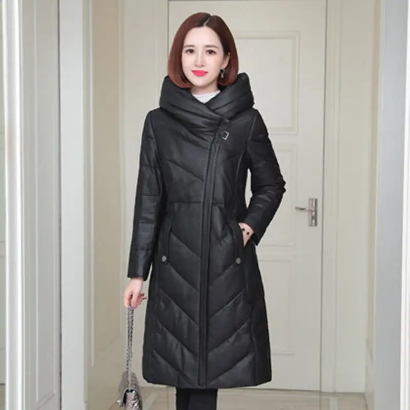 

2021 Winter New Women Loose Solid Fashion Hooded Elegant PU Leather Long Parka Female Office Ladies Windproof Jacket Coats E117