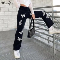 weiyao black baggy jeans women white butterfly print y2k aesthetic denim pants korean fashion high waist straight trousers