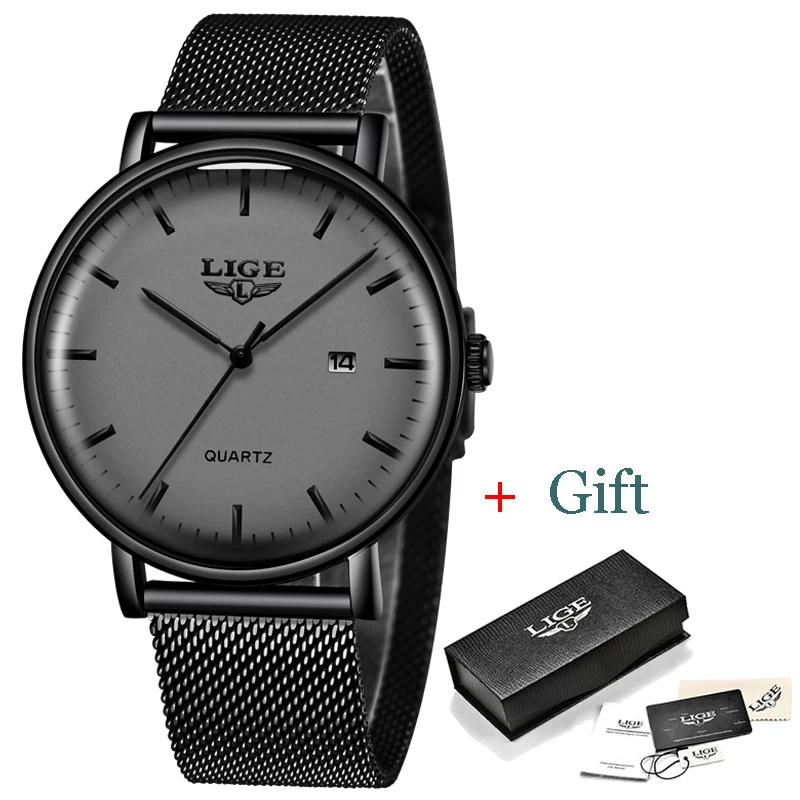Новинка серые наручные часы LIGE из нержавеющей стали высокое качество