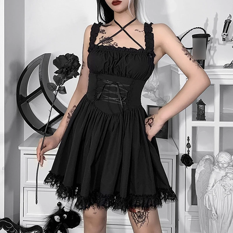 

Женское ТРАПЕЦИЕВИДНОЕ ПЛАТЬЕ kayoваши, черное, готическое, летнее, кружевное, с бретелькой через шею, для принцессы, подружки невесты, для веч...