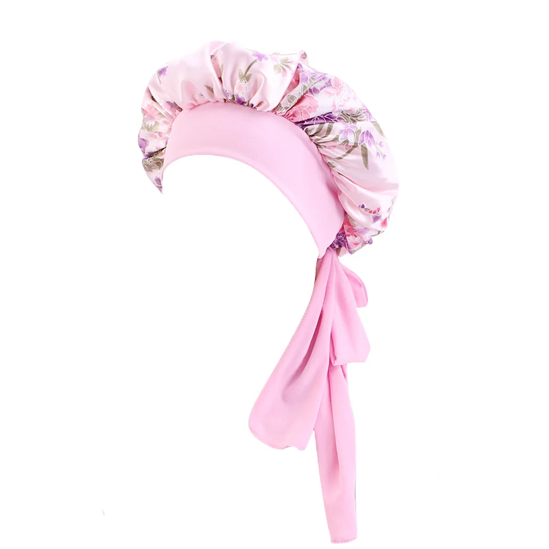 

Flower Print Satin Bonnet With Elastic Band Streamer Straps Hat For Women Night Sleep Hat Hair Care Cap Soft Headcover