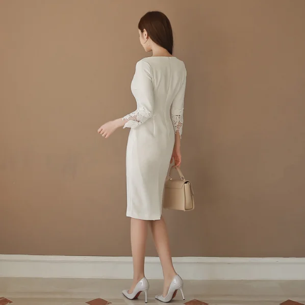 Женское кружевное лоскутное белое офисное платье весна осень 2019 однотонное