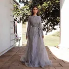 Мусульманские серебряные кружевные вышитые вечерние платья с длинным рукавом Русалка с кристаллами бусинами вечерние платья YQLNNE