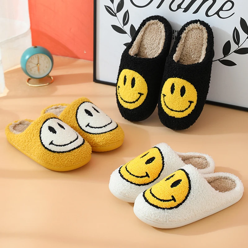 

Smiley Face Slippers Women Smile Slippers Happy Face Slippers Smiley Women Fluffy Fur Short Plush Slippers Household Slippers