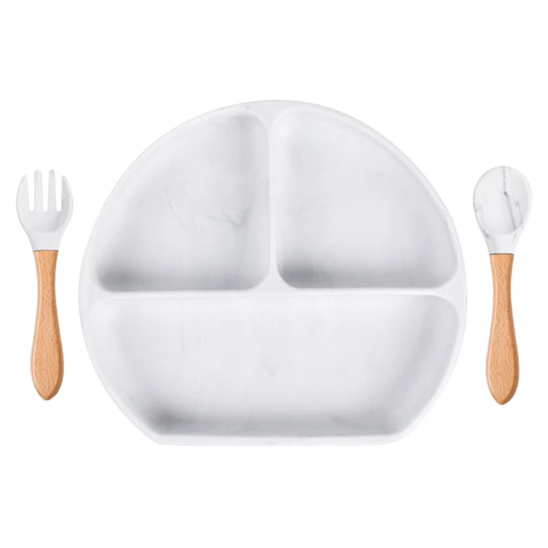

Baby Food Grade Silicone Feeding Plate with Matching Wooden Handle Spoon Fork Set Toddlers Kids Divided Non-Slip Bowl M15