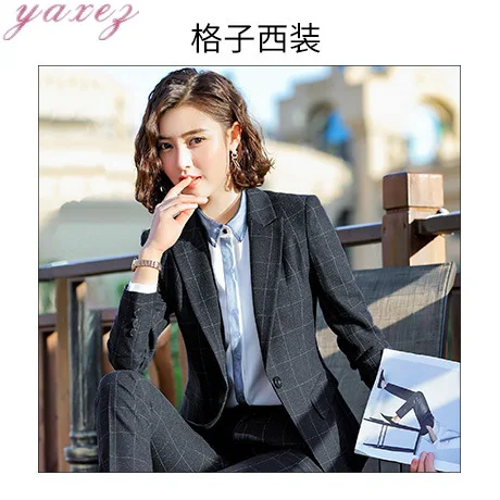 

Women's Slim Plaid Suit Jacket Trouser Two Piece Set Women Formal Pant Suit Blazer Office Lady Uniform Clothing basic jackets