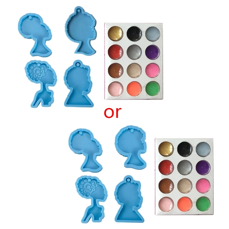 

4Pcs Afro Female Keychain Resin Molds Silicone Resin Casting Afro Human Beauty Woman Head Mold with Pigment Craft Tools