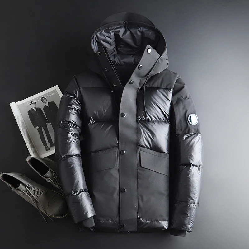 Мужская куртка на белом утином пуху черная теплая парка с капюшоном и перьями
