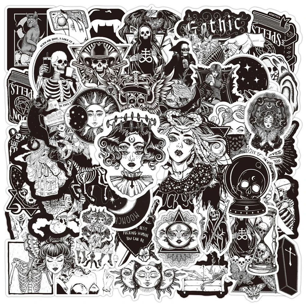 

50PCS Retro Gothic Black and White Graffiti Stickers Travel Luggage Guitar Skateboard Classic Toy Waterproof Cool Kids Sticker
