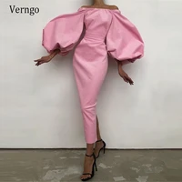 verngo simple pink satin evening party dresses off the shoulder puff long sleeves prom gowns ankle length occasion dress outfit
