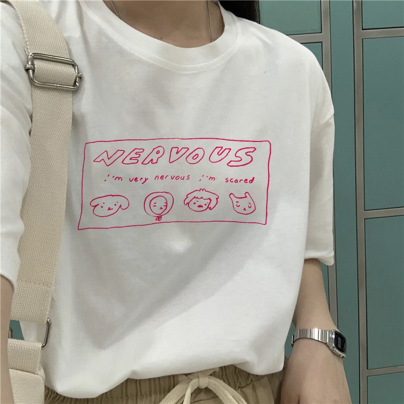 Nervous Drawing Cute Print Fun Tee Tumblr Harajuku Ulzzang Korean Vintage Summer Casual Top Sweet Kawaii INS Loose Women T-Shirt