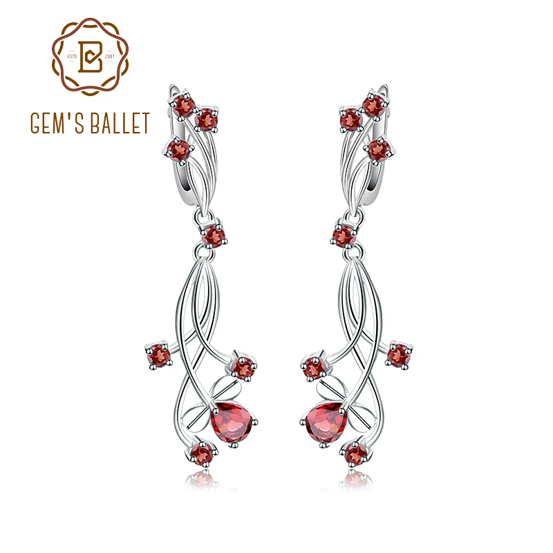 Серьги-подвески женские из серебра 925 пробы с натуральным красным гранатом |
