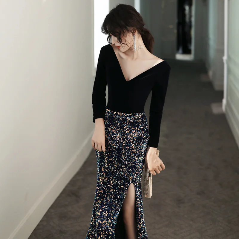 

Женское вечернее платье-русалка, длинное кружевное платье с V-образным вырезом и блестками, с высоким разрезом, для торжественных случаев и ...