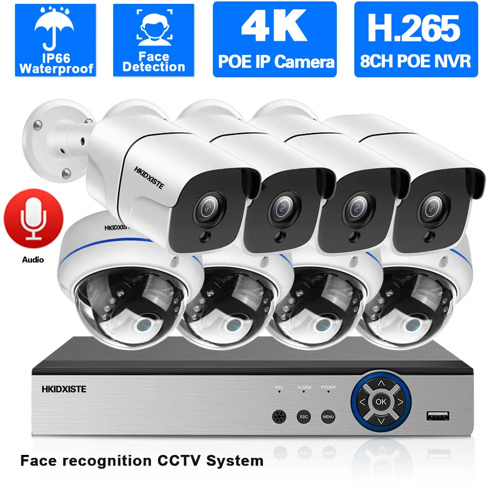 

4k Ai Face Detection Security Camera System POE NVR Kit 8CH 8MP Outdoor Waterproof Audio IP Camera Video Surveillance System Set