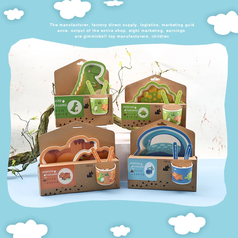 Cartoon creative bamboo fiber children's tableware set dinosaur baby Dishes kids dinner plate feeding training bowl fork spoon | Мать и