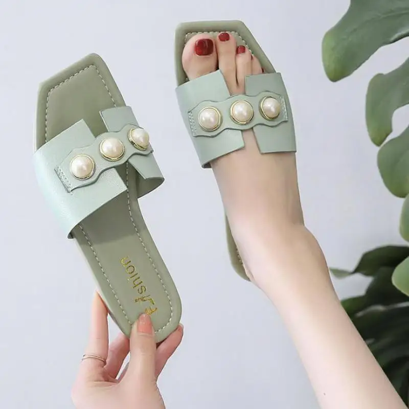 Шлепанцы женские с жемчугом Нескользящие плоская подошва пляжная обувь модные