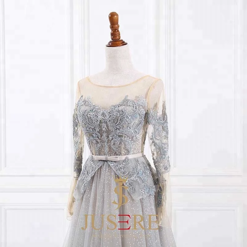 JUSERE Robe de soiree Long Sleeves Evening Dresses red carpet dress Formal GownsA-line beaded grey party dress