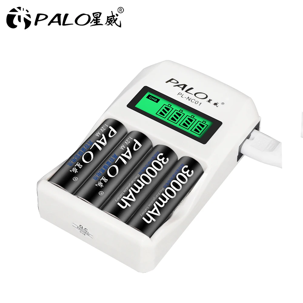 PALO 3000mAh AA батареи Ni MH аккумуляторная батарея + LCD зарядное устройство для 1.2В CD AAA