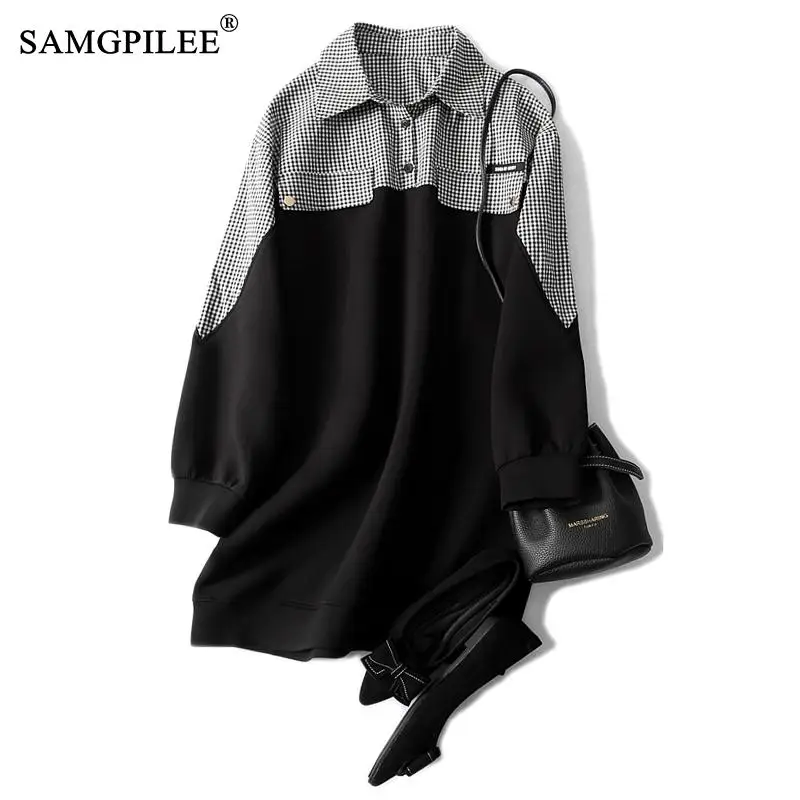 

Новинка 2021, офисное женское платье в Корейском стиле, женское клетчатое платье-трапеция до колен с длинным рукавом и отложным воротником, пл...