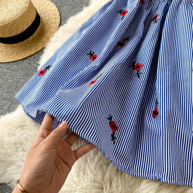 

V-neck design hollow stitching striped print spaghetti dress 2020 new summer off shoulder short sleeve dresses