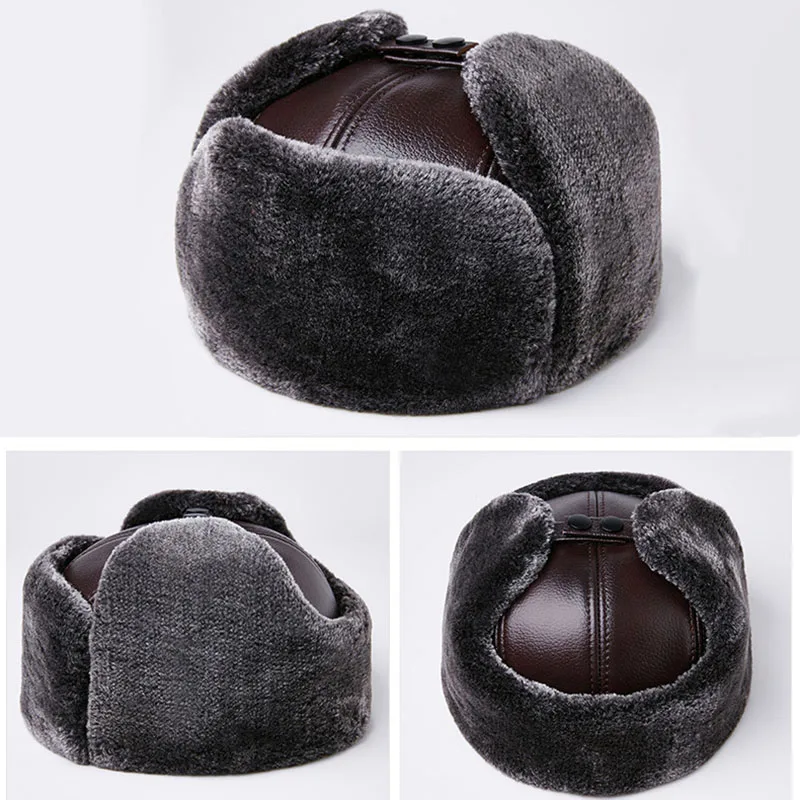 Fibonacci Men's Hat Winter Cowhide Leather Brand Quality Genuine Leather Fur Hat Pom Ear Protect Bomber Hats Russian Ushanka Cap