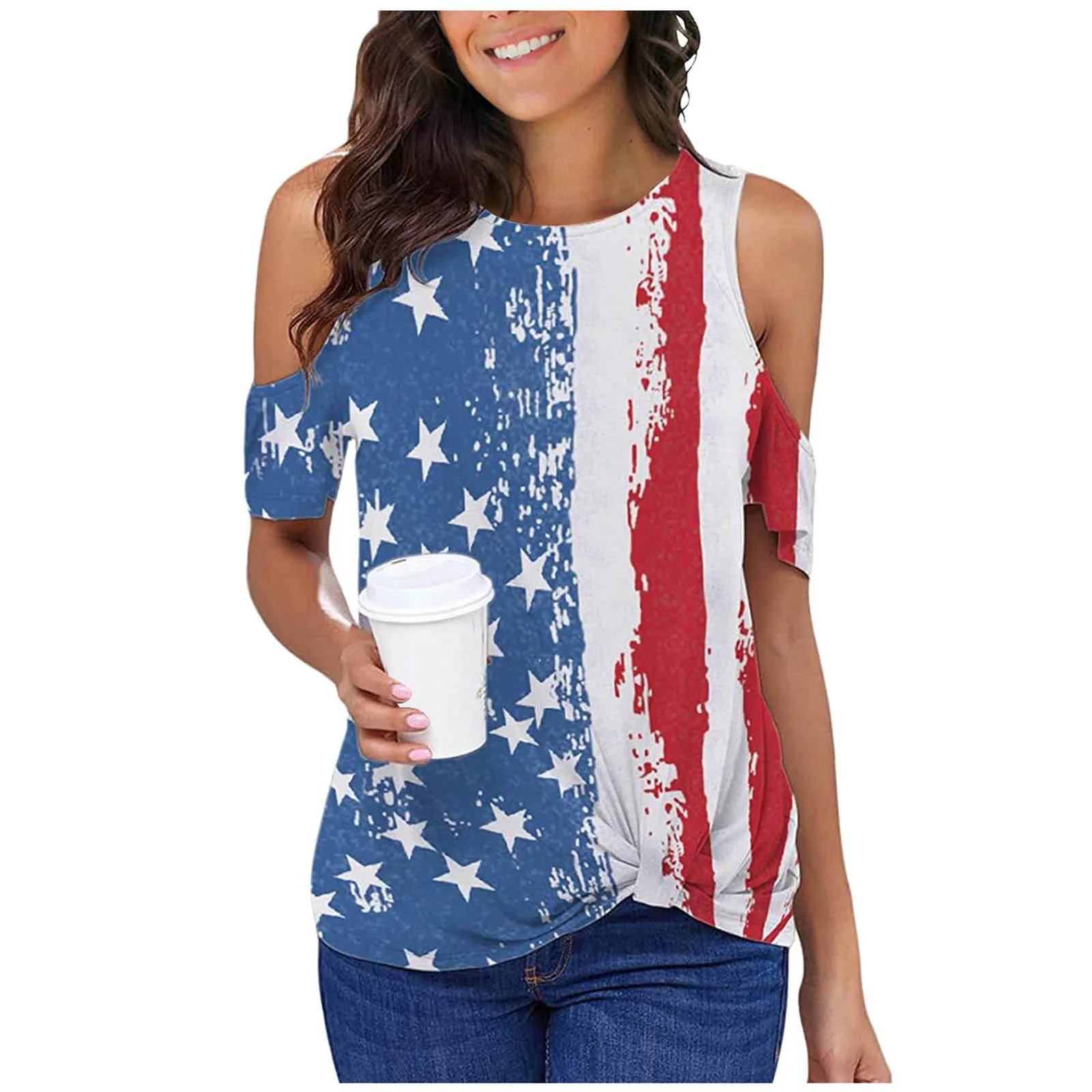 

Womens American Flag Cold Shoulder 3D Printed T-Shirt Short Sleeve O Neck Graphic Tee Tops Independence Day Streetwear A40