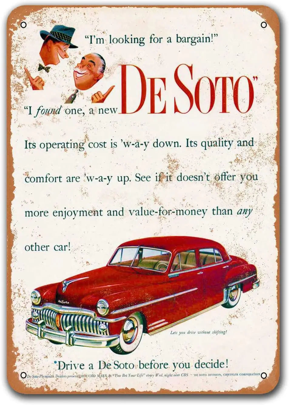 

DeSoto Vintage Car Tin Signs, Sisoso Metal Plaques Poster Man Cave Pub Retro Wall Decor 8x12 inch