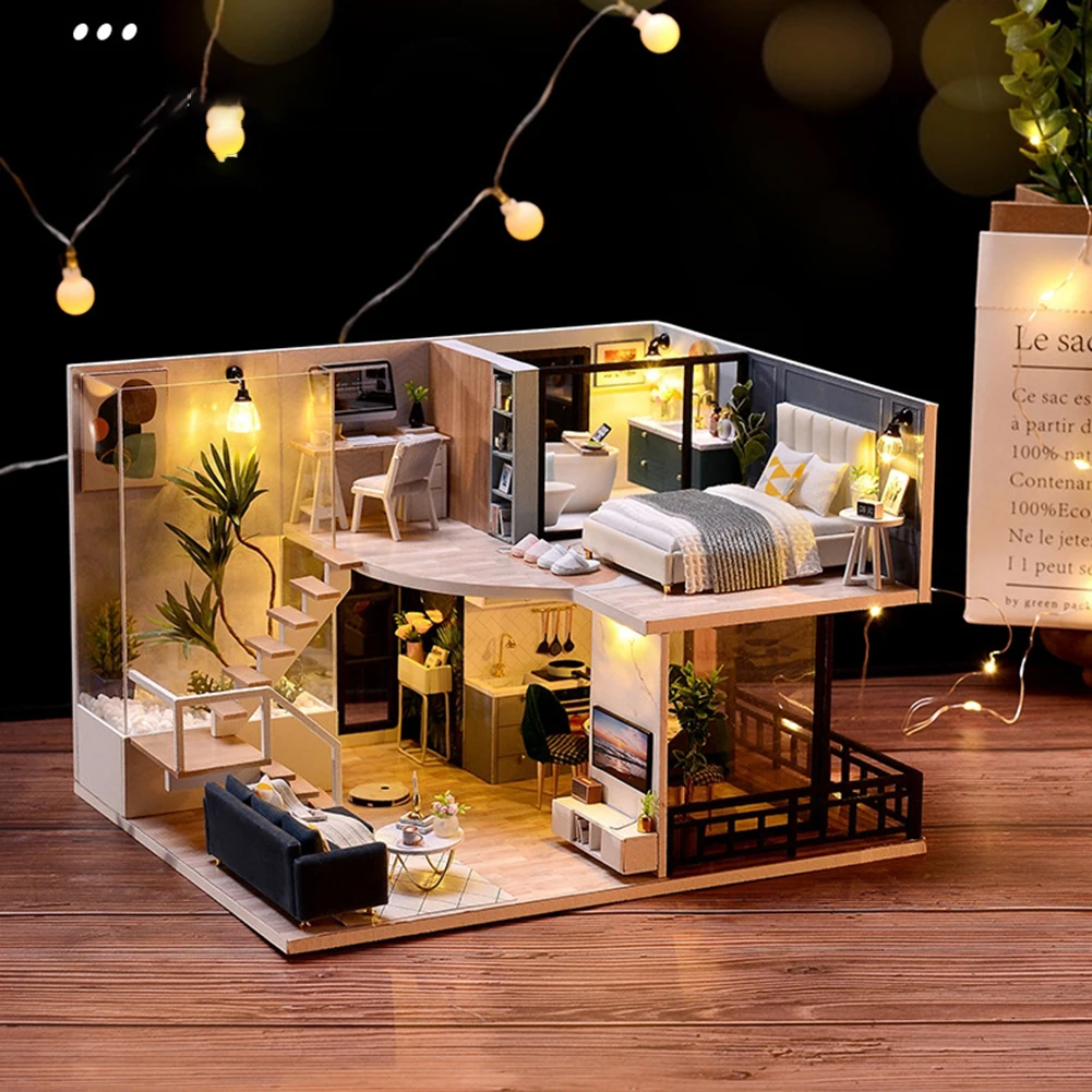 

DIY Doll House Assemble Miniature Wooden House Dollhouse Miniature Furniture Kit Toys Modern Villa Cottage Puzzle Playset Gift