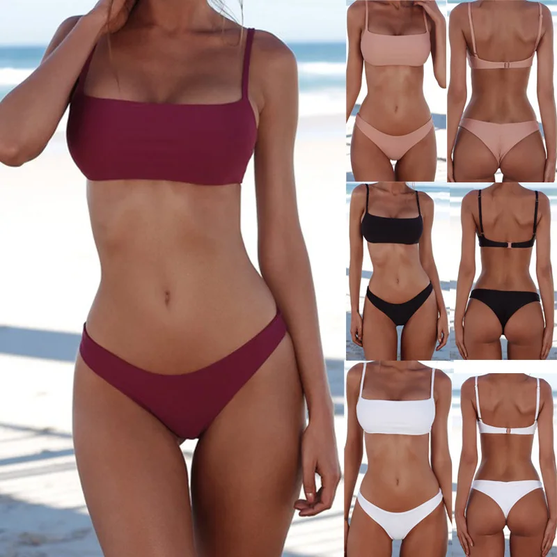 

Lefeel 2019 Sexy Bikini Set Women Swimsuit Solid Bikini Backless Swimwear Low Waist Bathing Suit Female Brazilian Biquini