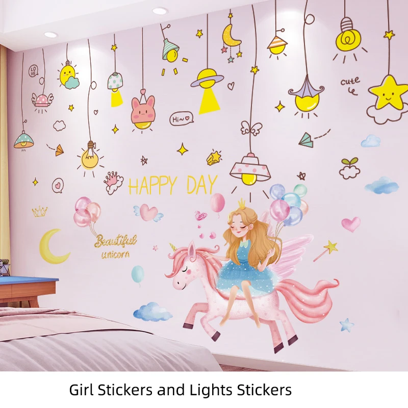 

Cartoon Girl Unicorn Wall Sticker DIY Chandelier Lights Wall Decals for Kids Bedroom Baby Room Children Nursery House Decoration
