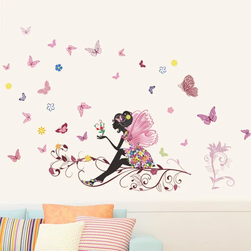 Butterfly Flower Fairy wall stickers for Kids Room Wall Decoration Bedroom Living Room Children Girls Room Decal Poster Mural