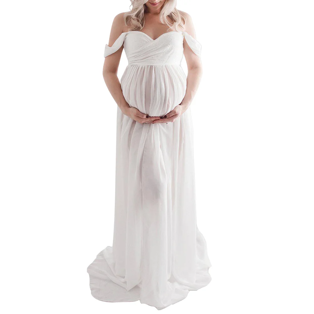 

Elegant Maxi Dress Maternity Photography Dresses Chiffon Split Front Photo Props Summer Shoulderless Sleeveless Dress