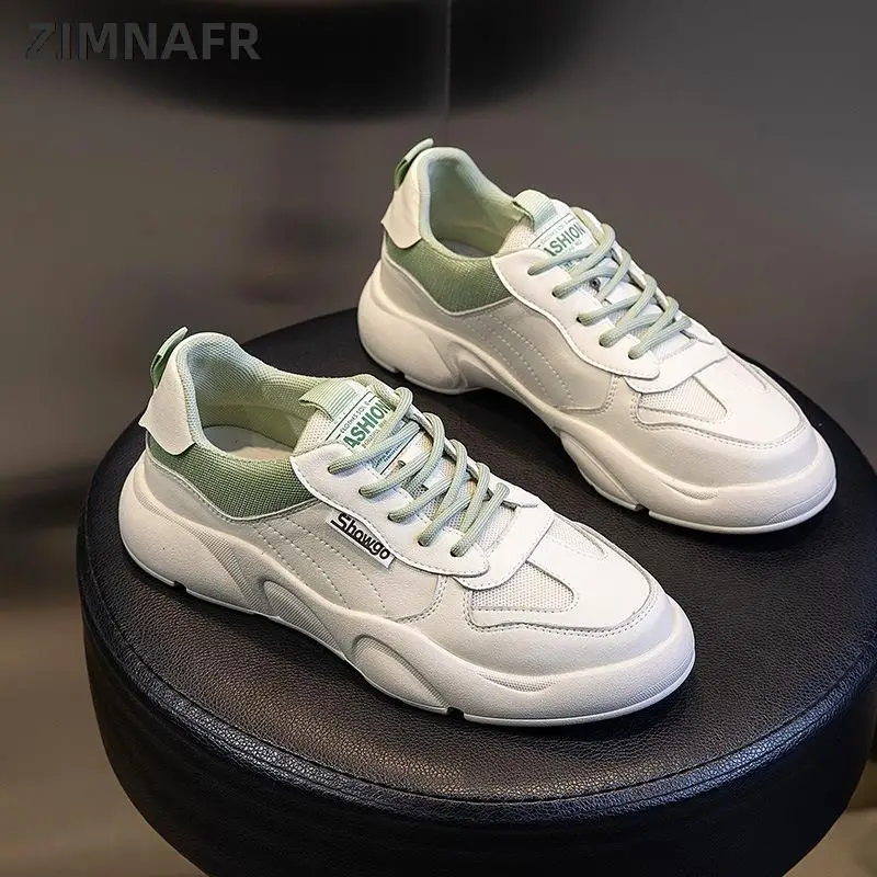 

ZIMNAFR 2020 New Women Genuine Leather White Casual Shoes Flat Round-Toe Lace-up Women Fashion Sneakers Summer Platform Shoes