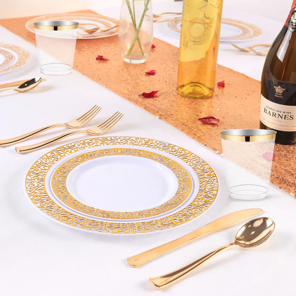 

15 Sets Golden Plastic Tableware Disposable Plastic Cutlery Set Plastic Plate Salad Plate White Bronzing Birthday Party Cutlery
