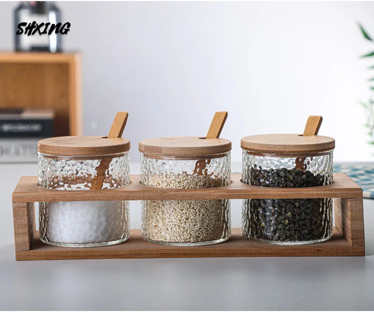 

Hammer Glass, Bamboo and Wood Dressing Box Set for Household Kitchen Salt Jar Seasoning Bottle Container Set