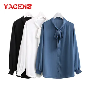 Блузка женская шифоновая с бантом, однотонная, весна 677