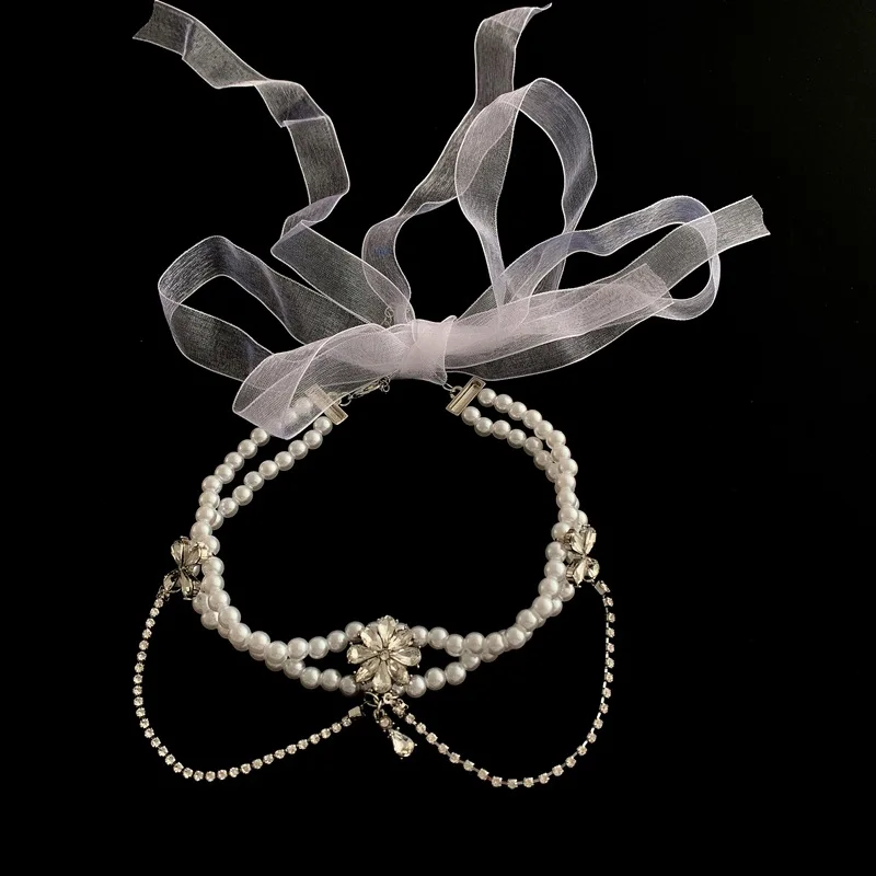 

Origin Summer Multilayer Pearl Flower Bow-knot Chokers Necklace for Women Unique Design Bling Bling Rhinestone Necklace Jewelry