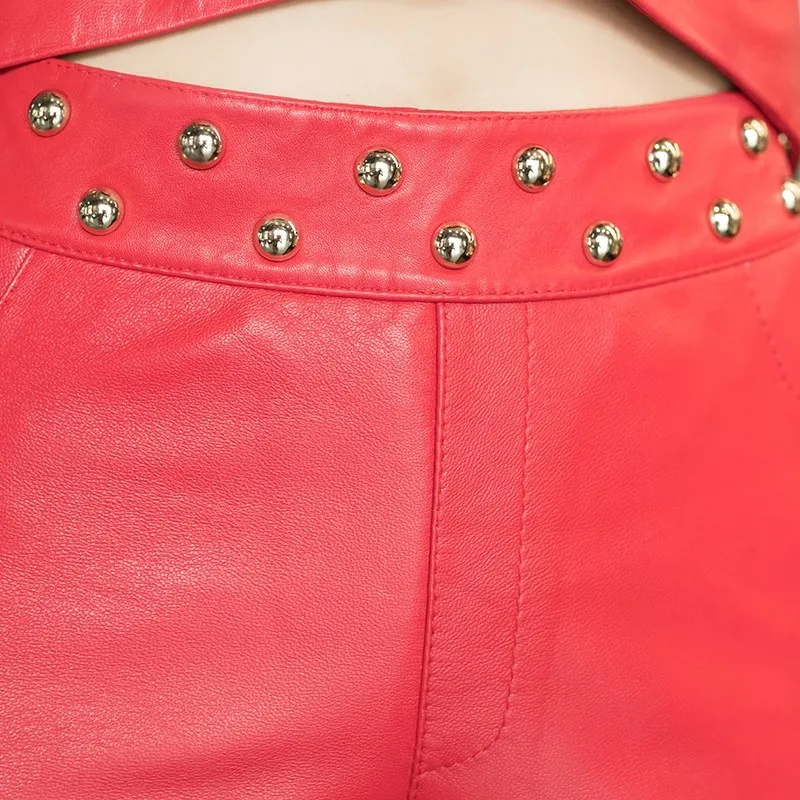 2020 Spring Women Patchwork Elastic Leggings Pencil Trousers Female High Street Rivets Sheepskin Real Leather Calf Length Pants | Женская