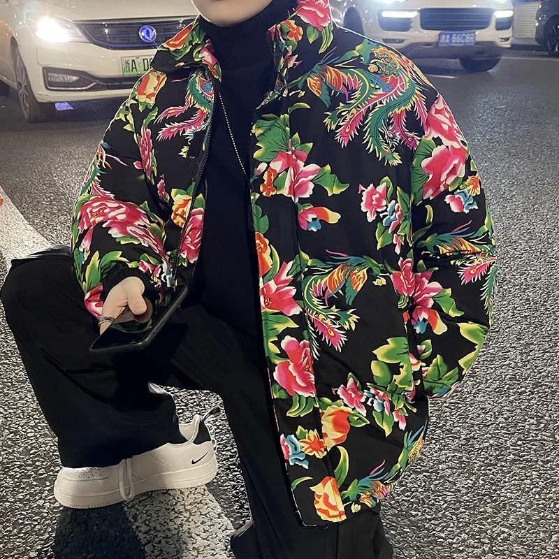 Winter Warm Chinese Style Flowers Cotton Padded Large Size Red Green Coats Blue Dragon Jackets Mens Fashion Ethno Clothing 2022