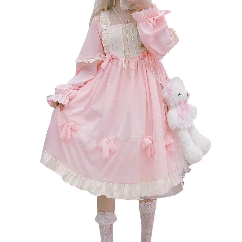 Women Ruffles Bow Lolita Dress Japanese Style Kawaii Girls Sweet Princess Fairy Vintage Mesh Cute Dresses Pink Blue Женская одежда