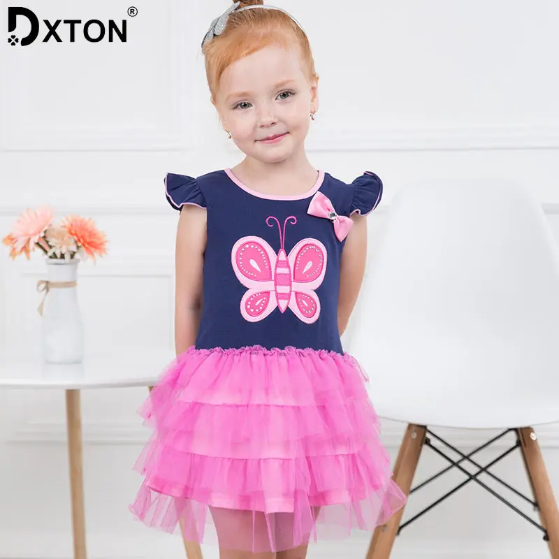 Dxton 2019 Kids Dress for Girls Butterfly Print Summer Flare Sleeve Girl Toddler Birthday Costum Children Clothes | Детская одежда и