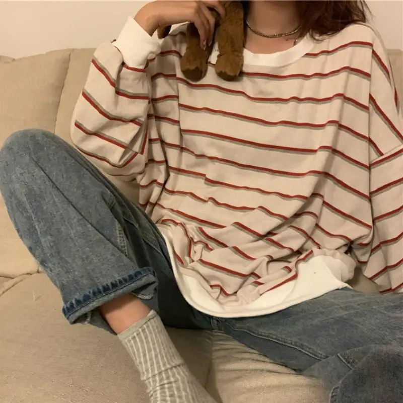

Long Sleeve T-shirts Women Spring O-neck Striped All-match Simple Korean Style Fashion Womens Tops Loose Streetwear Autumn Retro