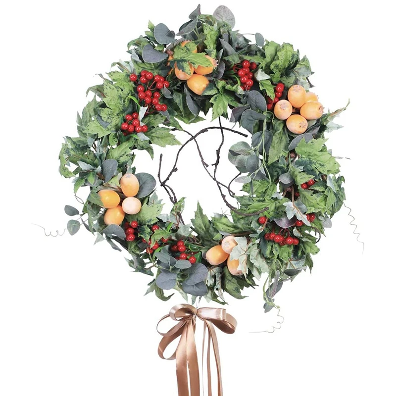 

18 Inches Harvest Wreath Handmade Autumn Green Garland Fake Floral Front Door Wreaths Hanging Decorations