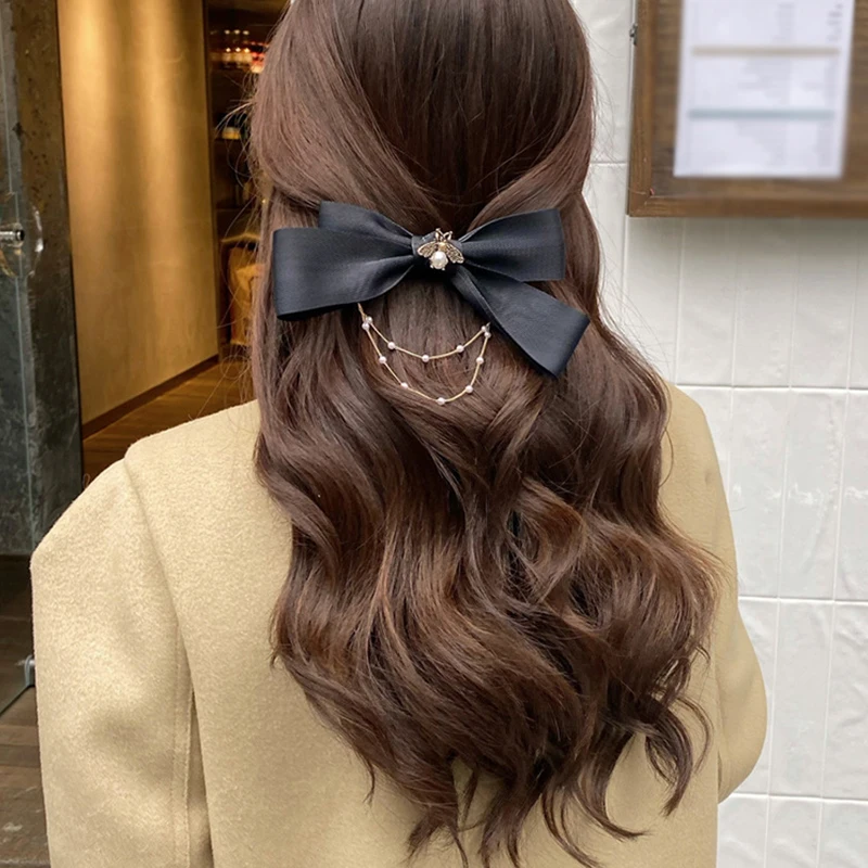 

Fashion Bow Pearls Chain Barrettes Hair Clips For Women Beads Rhinestone Hairpins Long Ribbon Ponytail Clips Hair Accessories