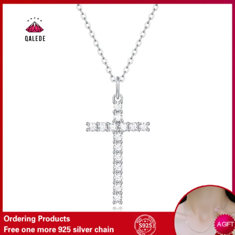 QALEDE Necklace S925 Sterling Silver Moissan Diamond Necklace High Quality Faith Cross Pendan Necklace For Women Jewelry Gift