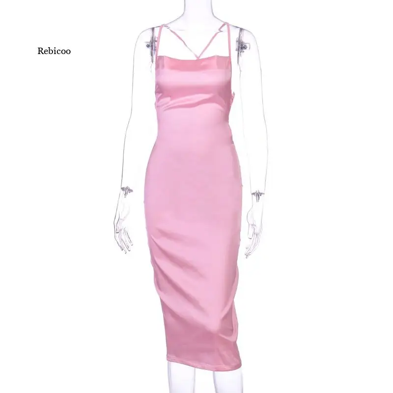 

2021 Summer Sexy Women Ladies Sling Satin Silk Slip Strappy Backless Solid Dress Sleeveless Party Midi Dress