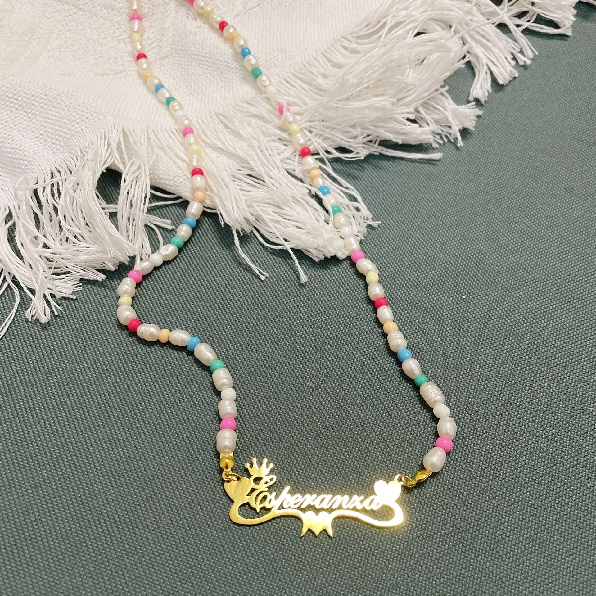 Customized Name Pearl Necklace Personalized Nameplate Necklace DIY Name Pendant Colorful Chain Women Charming Women Jewelry Gift