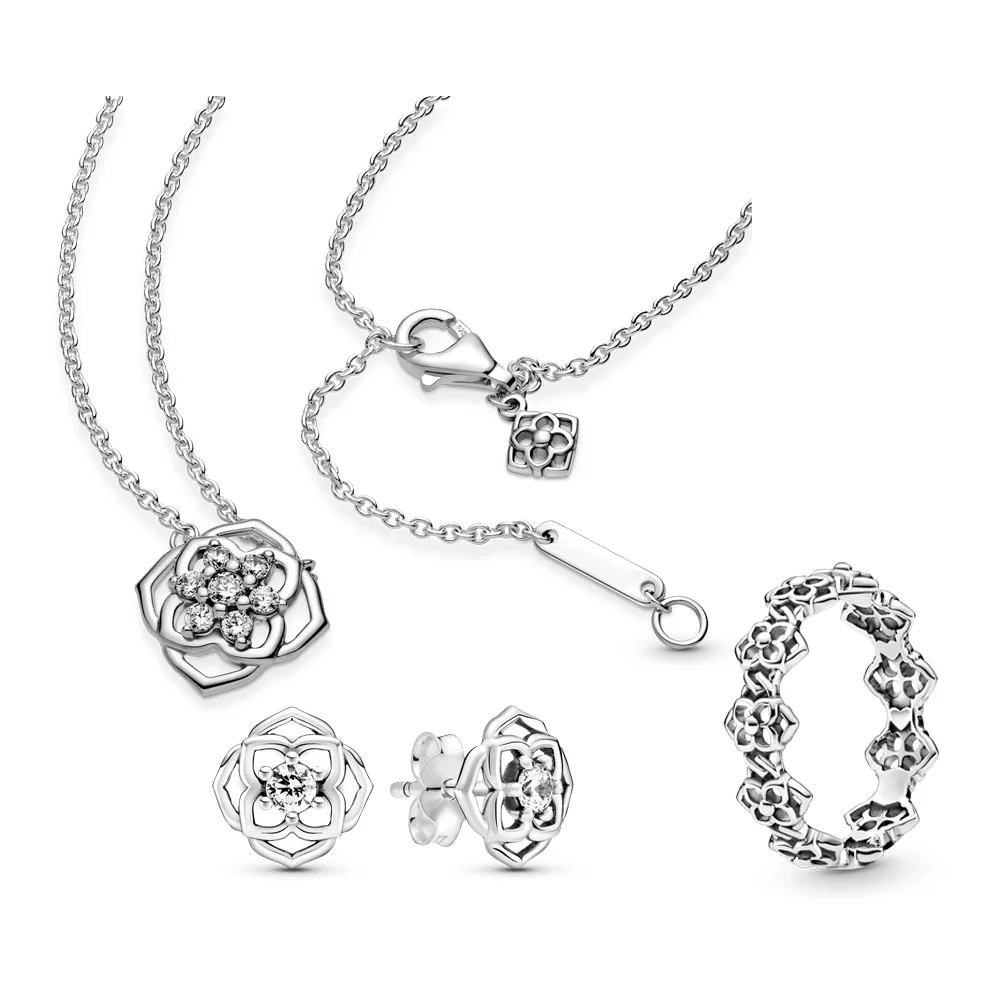 

S925 Sterling Silver Pan Jewelry Set Golden Heart Geometric Square High Quality for Women Bride Gift Necklace Rings Earrings